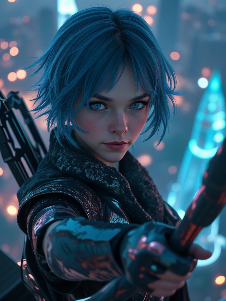 a young girl with blue eyes and gray-blue hair, cyberpunk style, serious expression, highly detailed, holding a bow, preparing for battle, cyberpunk, photorealistic, fantasy, top of a tall building at night, wide angle shot, multiple camera angles, (best quality,4k,8k,highres,masterpiece:1.2),ultra-detailed,(realistic,photorealistic,photo-realistic:1.37),HDR,UHD,studio lighting,ultra-fine painting,sharp focus,physically-based rendering,extreme detail description,professional,vivid colors,bokeh,portraits