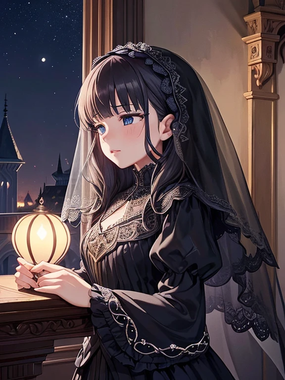 (super detailed:1.3), ((((Best Quality)))), ((masterpiece)), For Women, Alone,HotFire, Stunning beauty, powerful brilliance ,   detail face in night round , Detailed eyes, Detailed lips, castle interior background,(night),moonlight,Black mourning clothes,(( mourning veil )),  melancholic expression ,, very cute face, cowboy shot,  Sheer Sleeves 