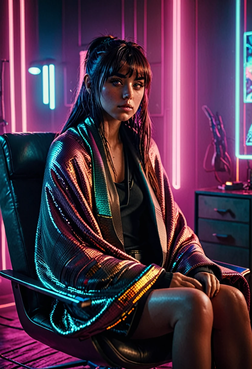 a beautiful j0i woman with long bangs, realistic skin, sitting in a chair wrapped in a blanket, in a cyberpunk style apartment, photorealistic, 8k, HDR, cinematic lighting, intricate details, highly detailed, dramatic composition, moody atmosphere, neon lights, gritty textures, futuristic interior, advanced technology, warm color tones, dramatic shadows