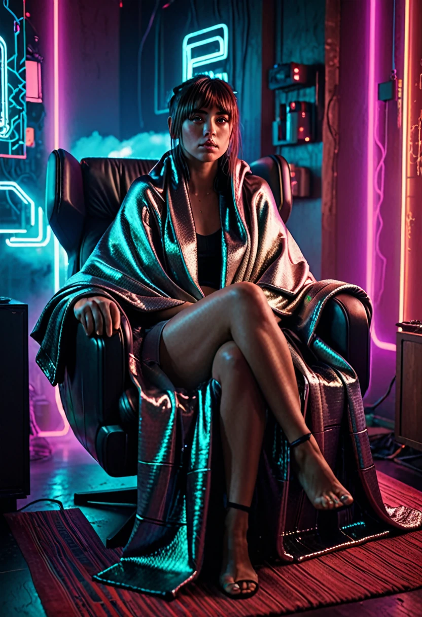 a beautiful j0i woman with long bangs, realistic skin, sitting in a cozy chair wrapped in a blanket, in a cyberpunk style apartment, photorealistic, 8k, HDR, cinematic lighting, intricate details, highly detailed, dramatic composition, moody atmosphere, neon lights, gritty textures, futuristic interior, advanced technology, warm color tones, dramatic shadows