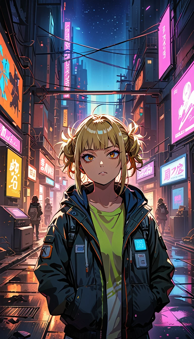 Japanese Anime ,portraits,illustration,neon lights,vibrant colors,intense gaze,gritty atmosphere,detailed background,space motif,action-packed scene,strong female lead,futuristic setting,captivating storytelling,laid-back attitude, himiko otoga