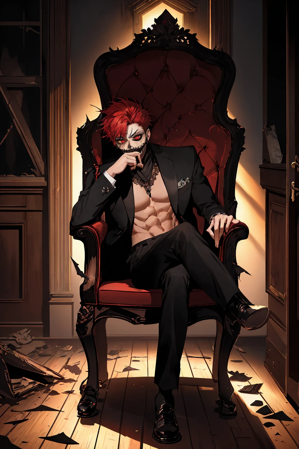 1 attractive man, lying on a chair, wearing a Scream Mask, attractive, Gap moe, Yandere Grimdark, abs, concept art Seductive Halloween, pose with legs apart in a very masculine and manly way, masculine pose, serious, colored hair black, red eyes. (high resolution), ((tmasterpiece)), ((Best quality)), Ultra-sharp, 8k, intricate details, dark fantasy art style, dark fantasy illustration, dark fantasy style art, art dark fantasy horror, dark fantasy art, dark fantasy mixed with realism, dark fantasy artwork, background; scary cabin, broken objects, broken glass on the floor, dark cabin, at night, old wooden chair.
