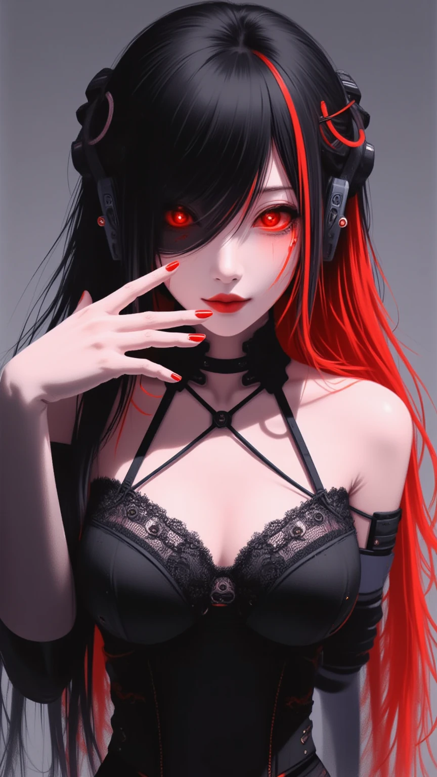 (8K、highest quality、masterpiece:1.2)、anime coloring、super resolution、Realistic、(1girl)  、(black hair to red hair gradient hair,long straight hair:1.5)、(contrapposto),(red eye,glowing eyes:1.3),(hair over one eye:1.5),(portlate:1.3、face focus,upper body:1.5),((strapless) black lace bra:1.5)、(grin:1.3),(cute face)、,(flat chest:1.2),gradient background、(slender:1.3)、