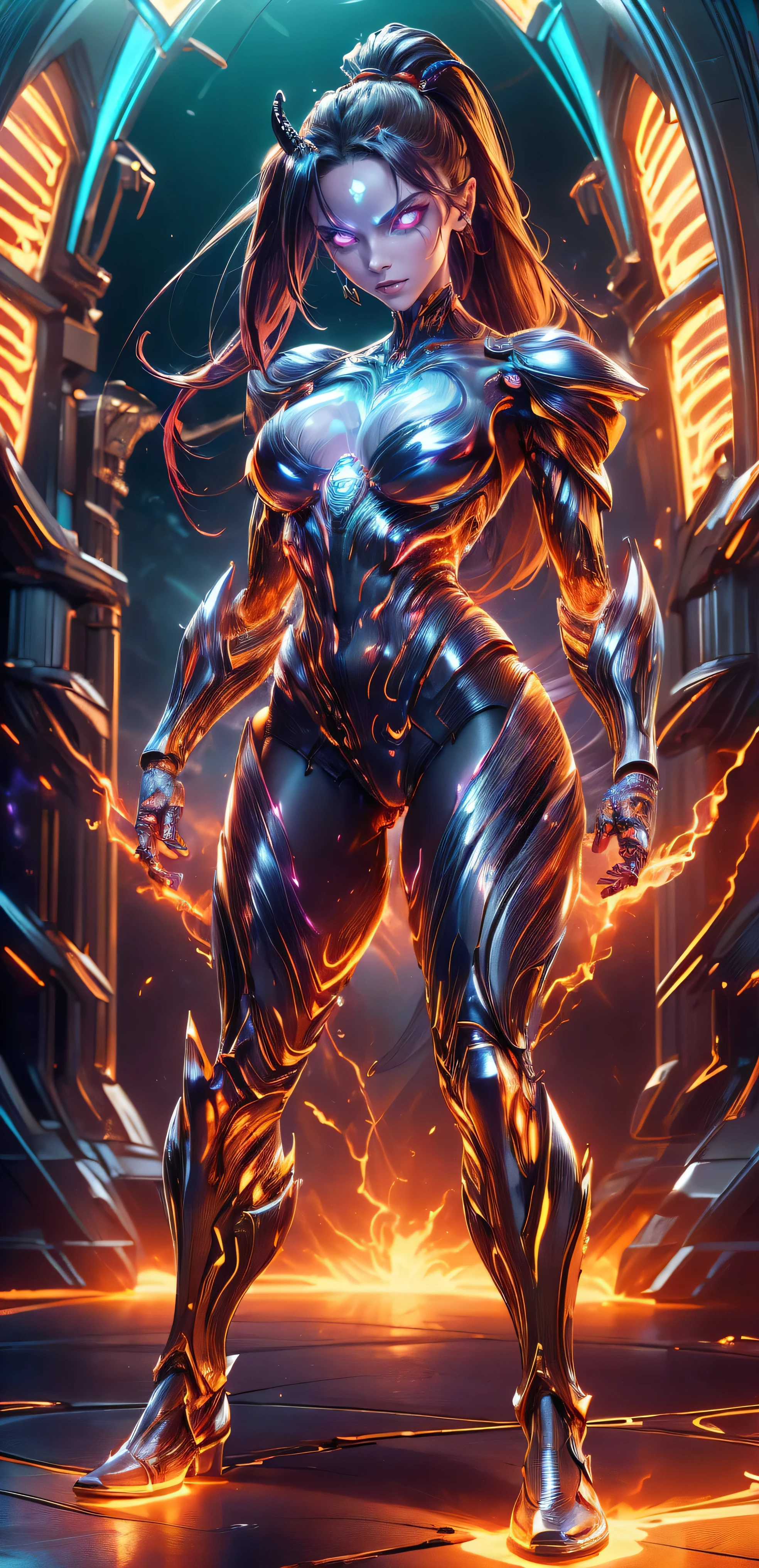 Full body portrait, Milf, 1girl, evil look, sexi, claws, demoness, demonic armor, see-through panties, high ponytail hair, plasma filiments, flames, red hues, scifi, purple hues, facepaint, bodypaint, red glowing eyes, dynamic combat stance,  dark aura, menacing, psychotic, highly detailed, vibrant appearance, creative behavior, imaginative, sensual, spontaneous, highest quality, skin texture, intricate details, (cinematic lighting), RAW photo, 8k, masterpiece,best quality,ultra-detailed,very detailed illustrations,extremely detailed,intricate details,highres,super complex details,extremely detailed 8k cg wallpaper,