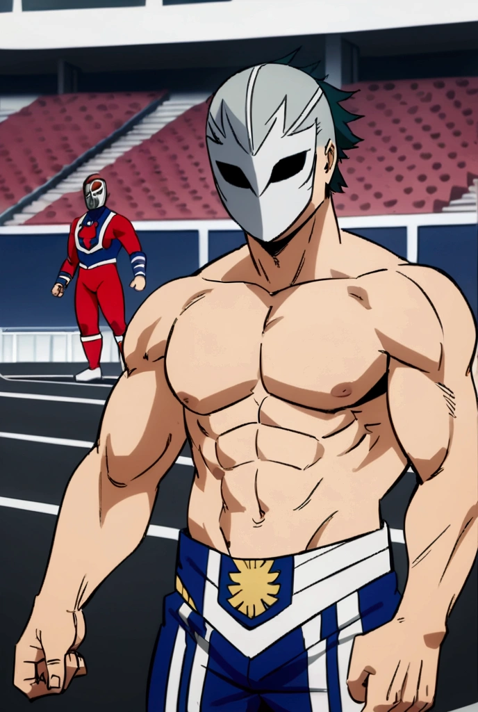 Lucha libre pro hero, silver mask, faceless, muscular, MHA style, anime style, my hero academia, boku no hero academia, pro hero, shirtless. Handshaking a male fan teenager.