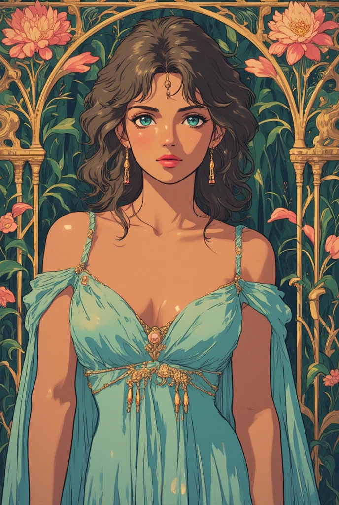 Art Nouveau in the style of Alphonse Mucha, young woman, Skin: Light brown, Hair: Mid-length wavy graying brown, Eyes: Blue small, Height: Very short