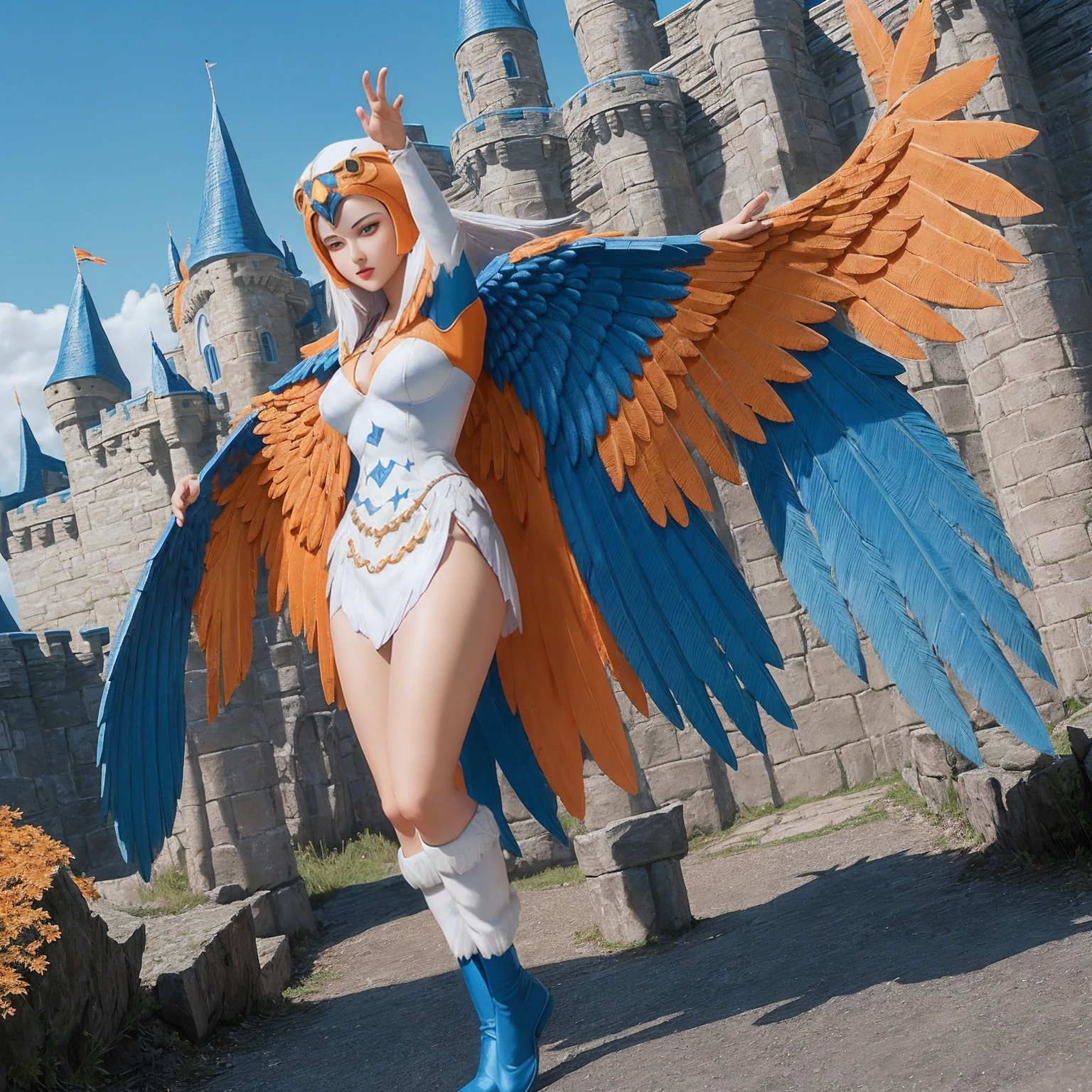 ((photo by full body, standing, Feet on the ground))((1girl)), full body, motu_sorceress, gorgeous woman, realistic, blue and white long sleeved v-neck bodysuit with feather detailing,  eagle headdress, (orange and blue feather cloak:1.2), blue boots with white fur trim, (extremely detailed 8k wallpaper), masterpiece, best quality, ((intricate detail)), absurdres, ((perfect face)), ((perfect hands:1.3)), (soft smile:1.3), dynamic angle, dynamic pose, ((fantasy castle setting:1.2)), outdoors,