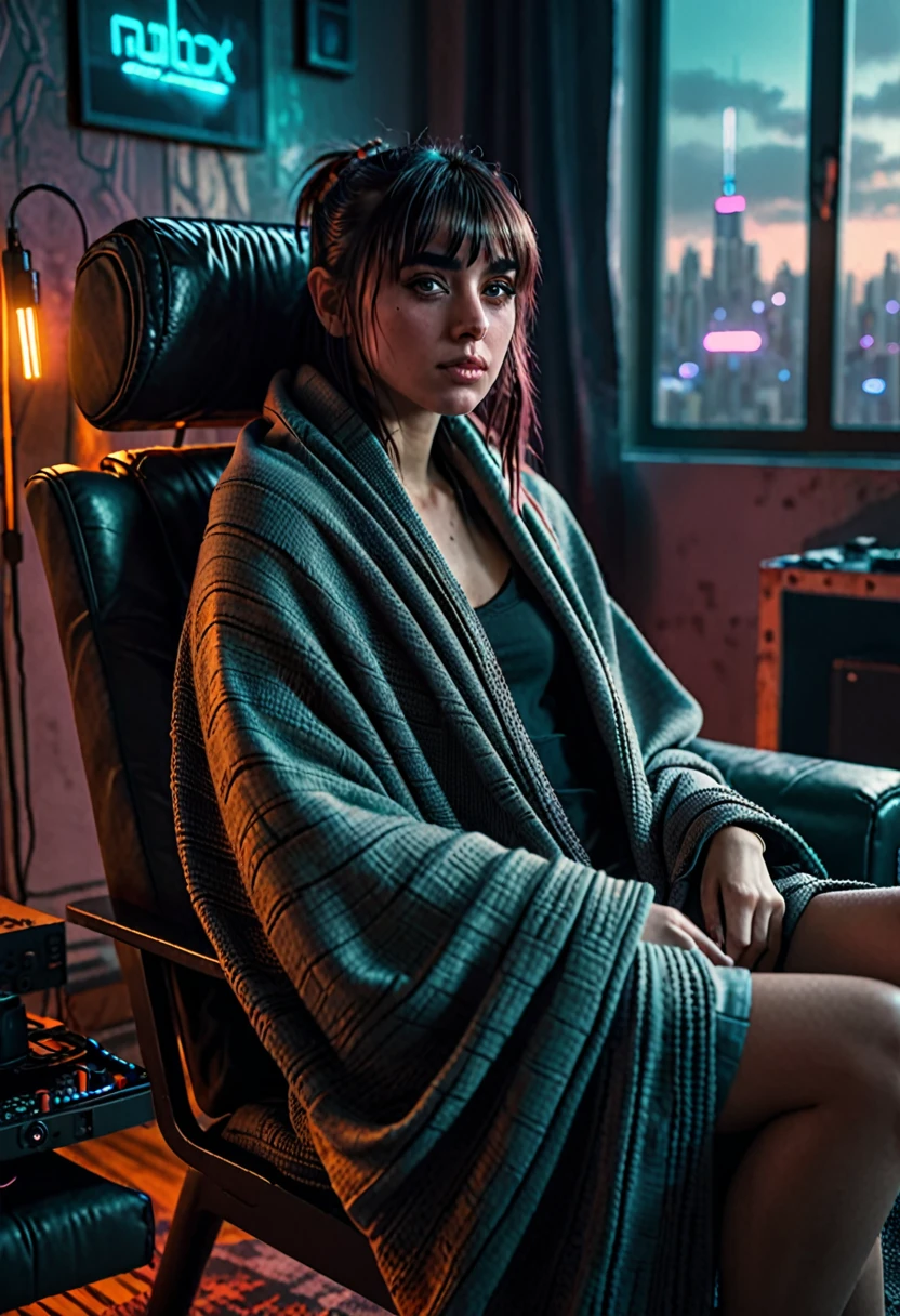 a beautiful j0i woman with long bangs, realistic skin, sitting in a cozy chair wrapped in a blanket, in a cyberpunk style apartment, photorealistic, 8k, HDR, cinematic lighting, intricate details, highly detailed, dramatic composition, moody atmosphere, 