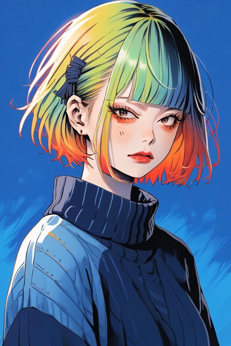 illustrator, anime , realistic ,sketch , 1 girl, ,lip, sweater,order, Blue gradient background, neon hair,Textured trim, Canadian, (masterpiece,Best quality) ganyou, himiko toga