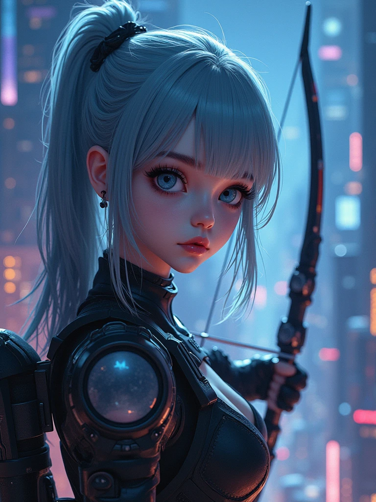 a young girl with beautiful detailed eyes, beautiful detailed lips, extremely detailed eyes and face, long eyelashes, gray-blue hair, serious expression, holding a bow, preparing for battle, cyberpunk style, in a cyberpunk scene at the top of a tall building at night, wide angle shot, multiple camera angles, (best quality,4k,8k,highres,masterpiece:1.2),ultra-detailed,(realistic,photorealistic,photo-realistic:1.37),HDR,UHD,studio lighting,ultra-fine painting,sharp focus,physically-based rendering,extreme detail description,professional,vivid colors,bokeh,fantasy,portraits