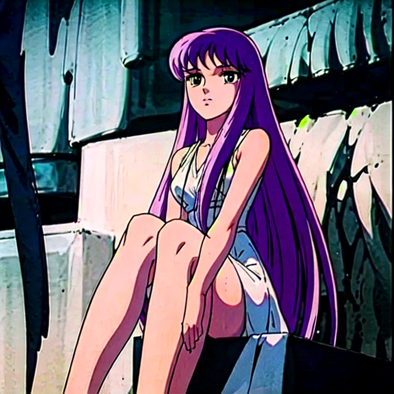  masterpiece , Saori o ,  very short Greek dress, You can see her legs ,  big breasts ,  small waist , CABELLO MORADO, sitting 
