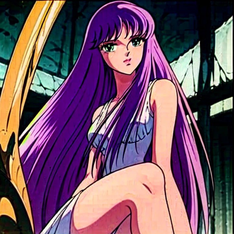  masterpiece , Saori o ,  very short Greek dress, You can see her legs ,  big breasts ,  small waist , CABELLO MORADO, sitting,  crossed legs , pose sexy
