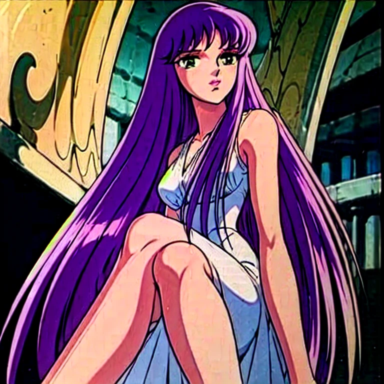  masterpiece , Saori o ,  very short Greek dress, You can see her legs ,  big breasts ,  small waist , CABELLO MORADO, sitting,  crossed legs , pose sexy
