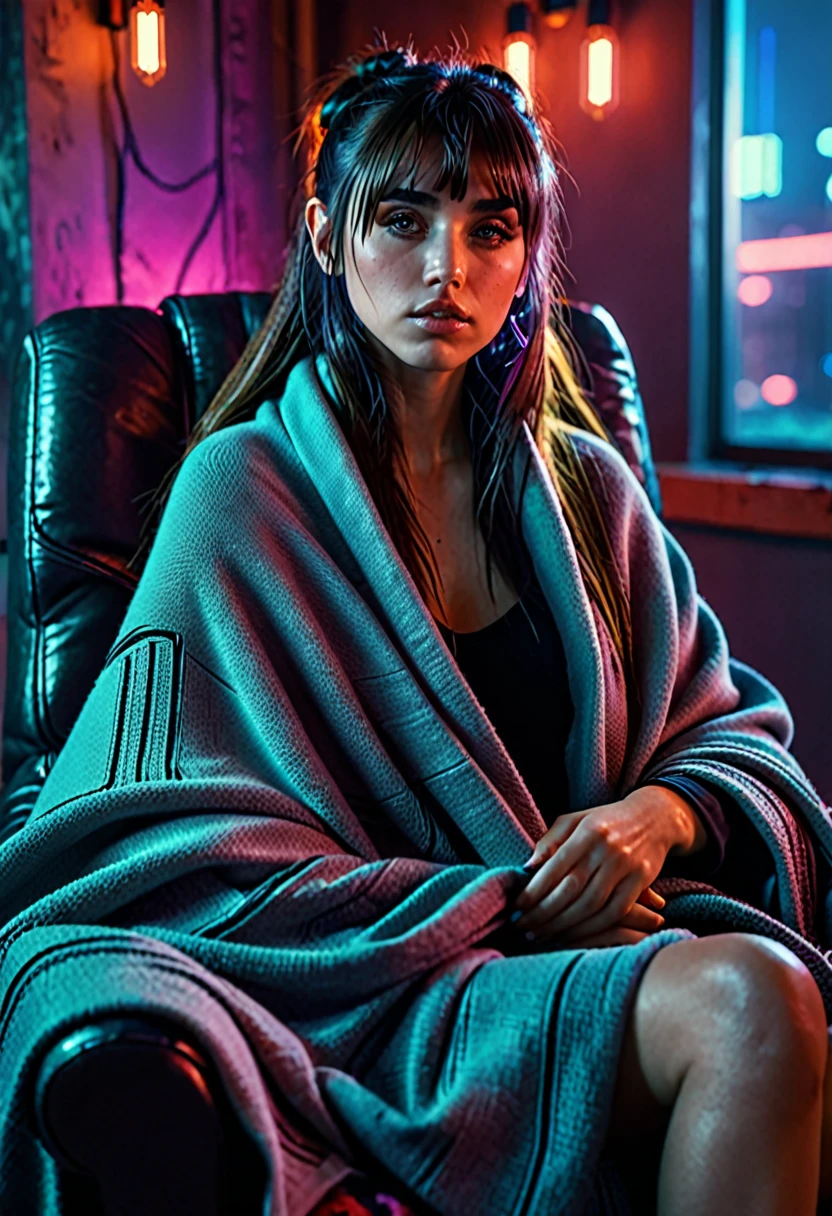 a beautiful j0i woman with long bangs, милое личико, realistic skin, sitting in a cozy chair wrapped in a blanket, in a cyberpunk style apartment, photorealistic, 8k, HDR, cinematic lighting, intricate details, , 