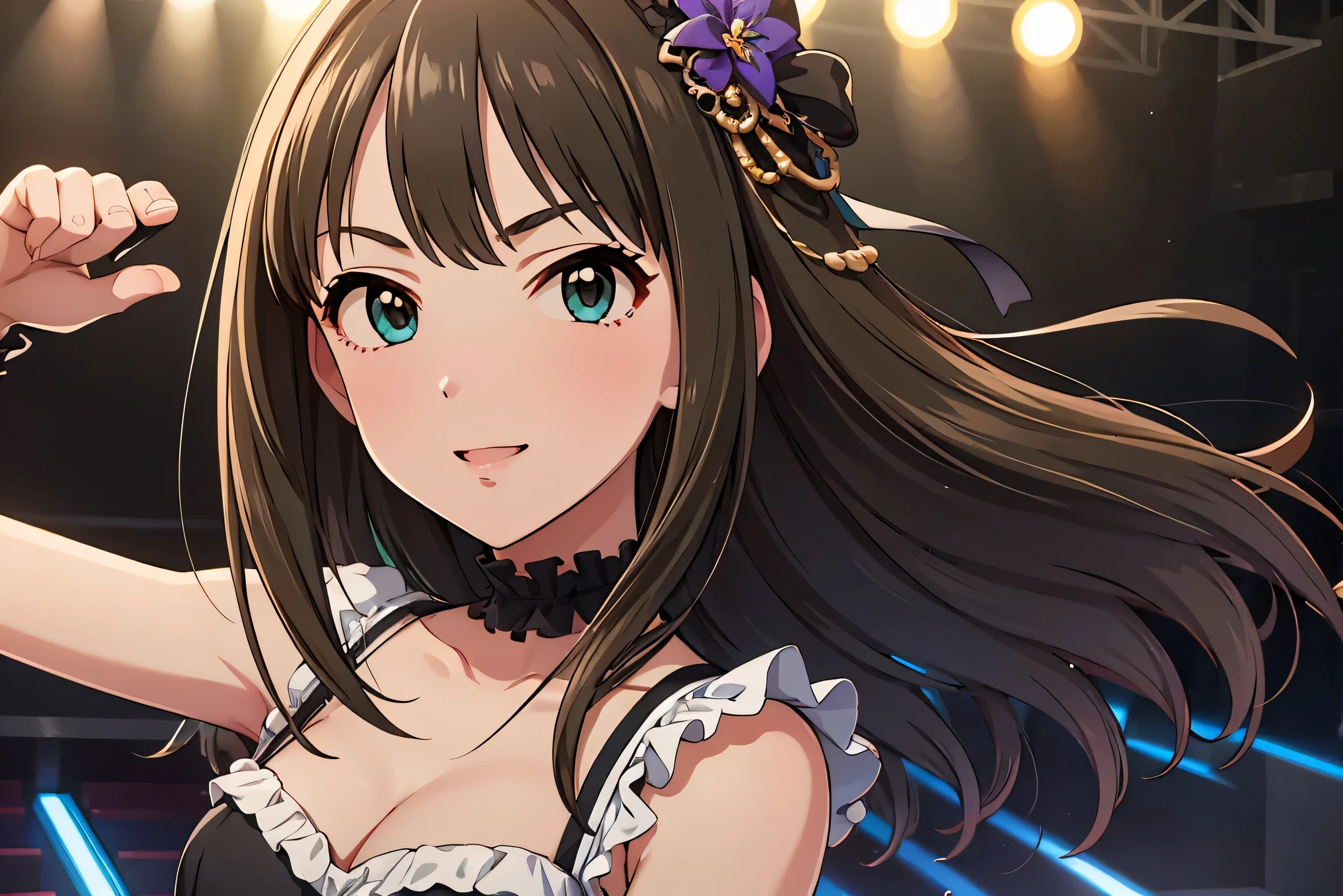 ((masterpiece、Best Quality、Super detailed、Very detailed 8K CG wallpaper))、1 Girl、Shibuya Rin、solo、 medium breasted 、 The Idolmaster、黒ゴシックdress、 dark eyes、smile、Hair accessories、 cleavage、dress、ribbon、Frills、Nice hands、Perfect hands、Fierce dance on stage、 dynamic angle 、 Portrait 