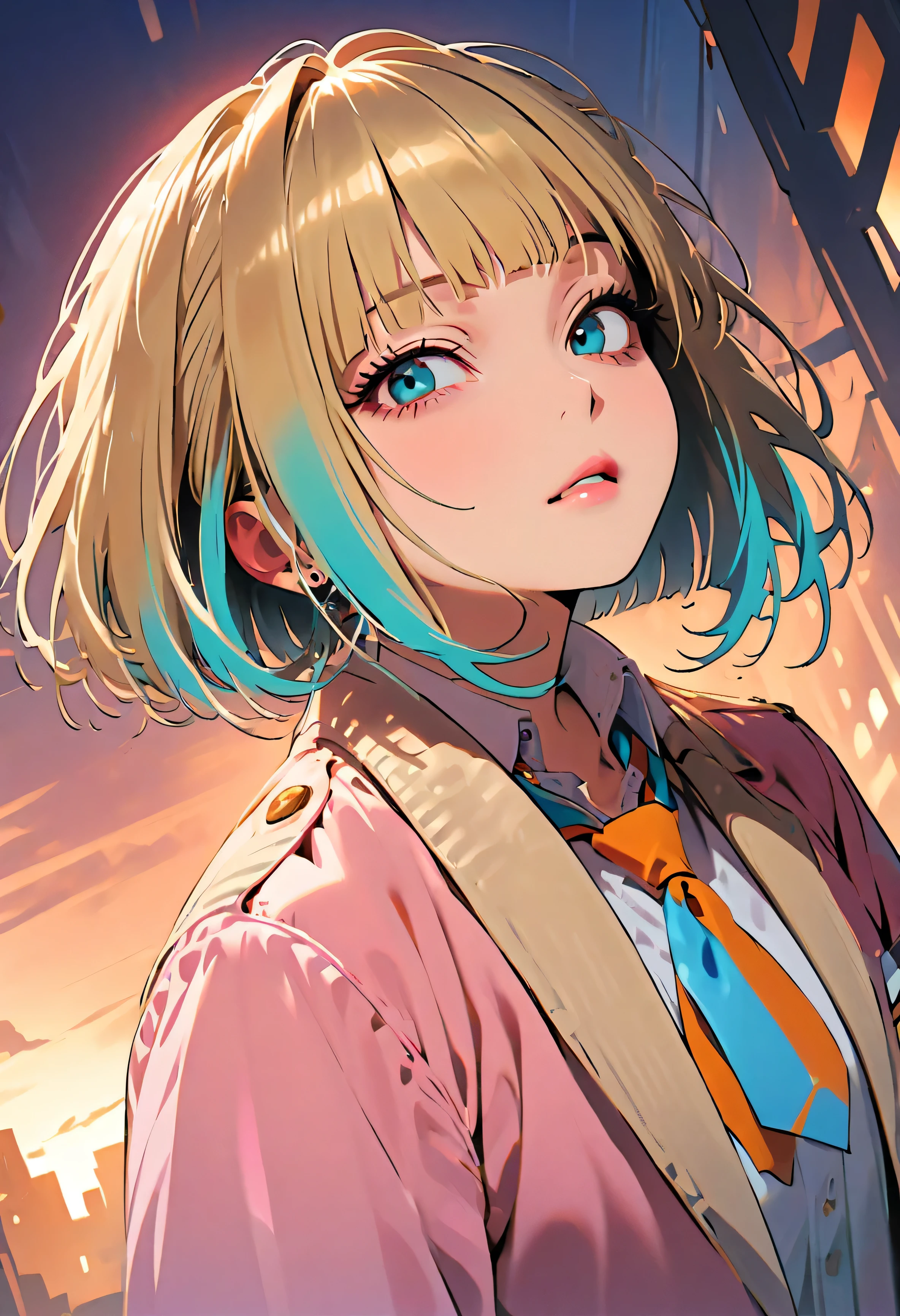 (Highest quality:1.2, City Pop Style, Very detailed, up to date, Vibrant, High Contrast, masterpiece:1.2, Highest quality, Best aesthetics), girl, ((Face Up Shot:1.4)), Colorful Hair, Bobcut, pastel colour, 1980s style, ((Retro, Vintage, Plain background))((HIMIKO TOGA))