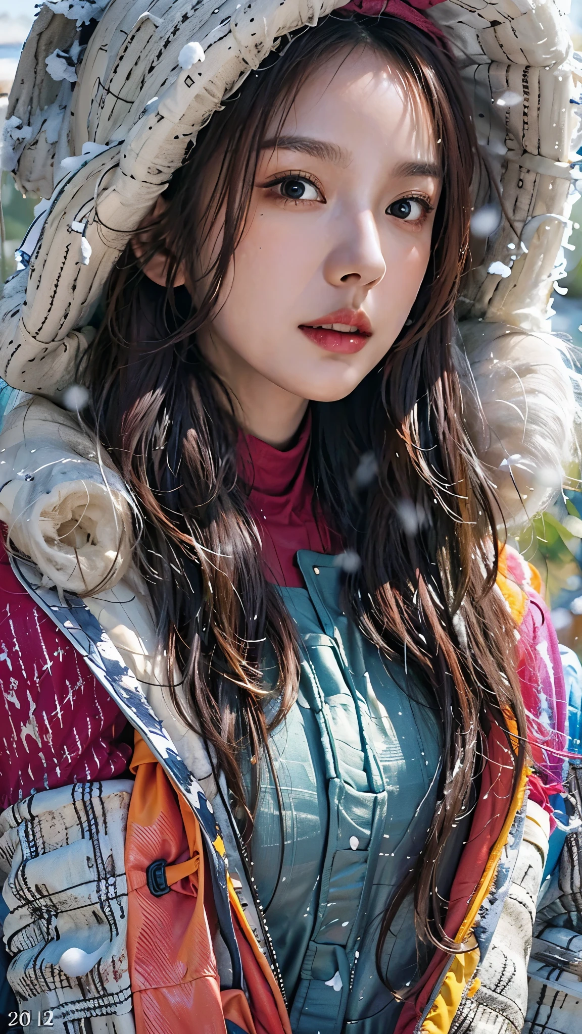 photorealistic, high resolution, 1women, solo, hips up, look at viewer, (detailed face), colorful winter clothes, snow