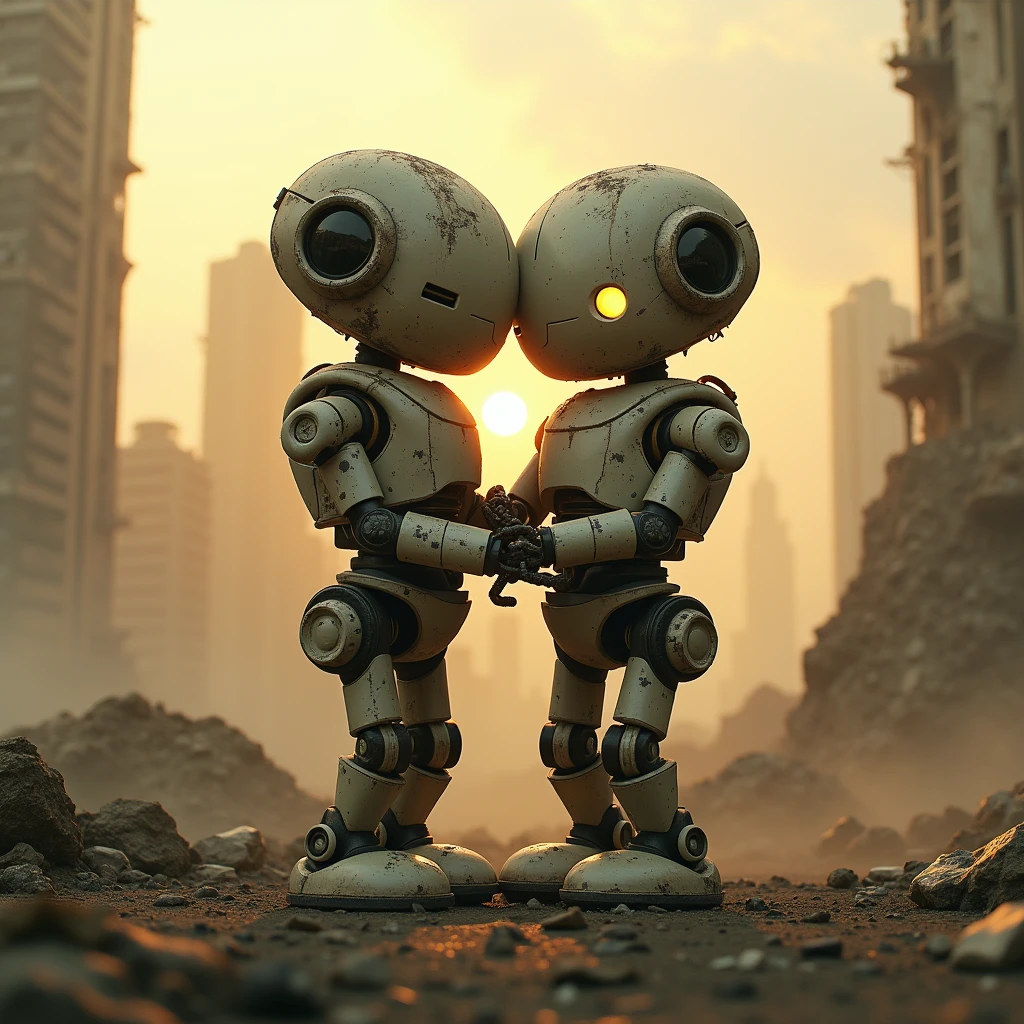 Distant future, In the center of the frame, a close-up of two old rusty robots are standing hugging,(different robots  ,Damaged,  haven't been working for a long time  ( only one of them barely has his left eye glowing , rust, dust,) standing in the midst of heaps of debris and radioactive dust , post apocalypse, ветер носит dust и пепел,  behind you can see the old ruins of a modern city , давно разрушенные и занесенные dustю руины небоскребов,  the sky is orange-gray , солнце едва пробивается через dust, Feature film style,  extra realism , maximum quality.
