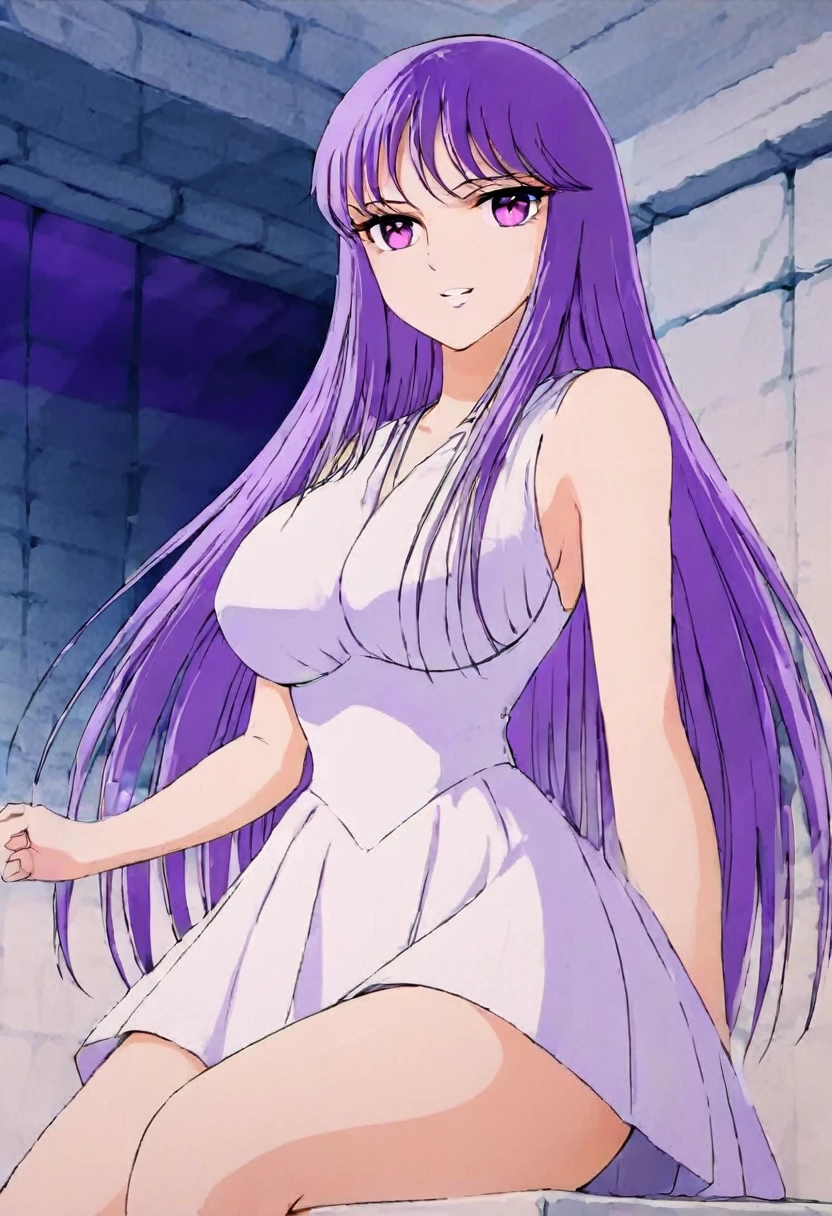  masterpiece , Saori o ,  very short Greek dress, You can see her legs ,  big breasts ,  small waist , CABELLO MORADO, purple eyes, smile
