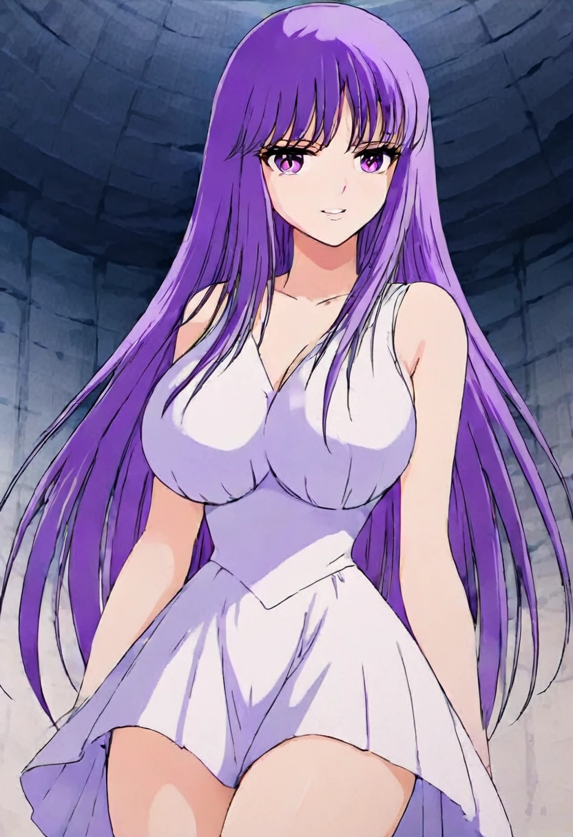  masterpiece , Saori o ,  very short Greek dress, You can see her legs ,  big breasts ,  small waist , CABELLO MORADO, purple eyes, smile
