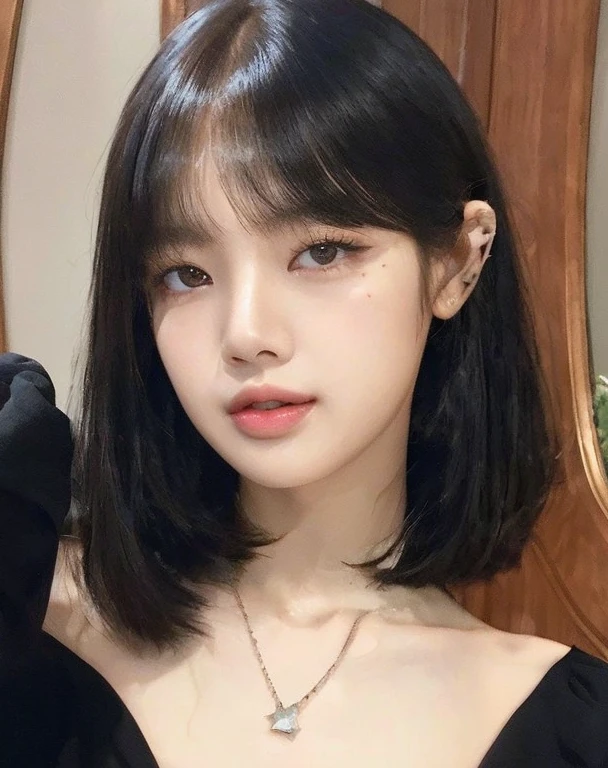 lisa blackpink, fair skin, bangs, bob cut with soft curtain bangs, lovely eyes, (1girl), metal star necklace, delicate formal clothes, (close up), 18 years old, pretty face, symmetrical face