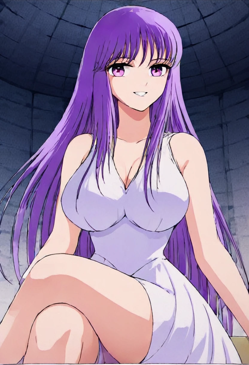  masterpiece , Saori o ,  very short Greek dress, You can see her legs ,  big breasts ,  small waist , CABELLO MORADO, purple eyes, smile, happy face, Sitting with crossed legs
