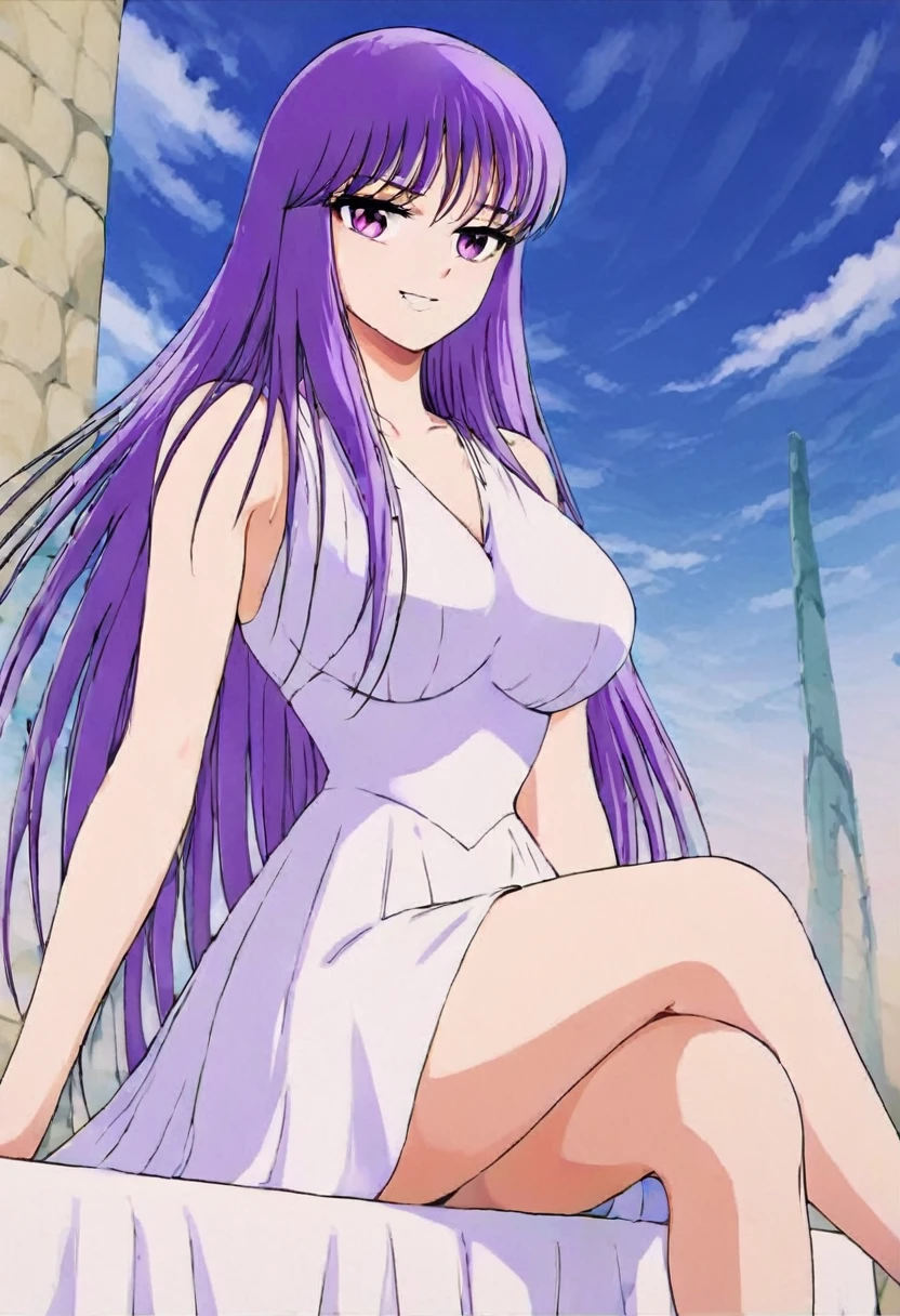  masterpiece , Saori o ,  very short Greek dress, You can see her legs ,  big breasts ,  small waist , CABELLO MORADO, purple eyes, smile, happy face, Sitting with crossed legs
