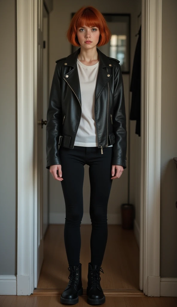 A sixteen-year-old white teenager, short red hair, green eyes, thin nose, full mouth, wearing a white shirt, black leather jacket, black leggings and black boots, inside the From your room standing in front of the door 