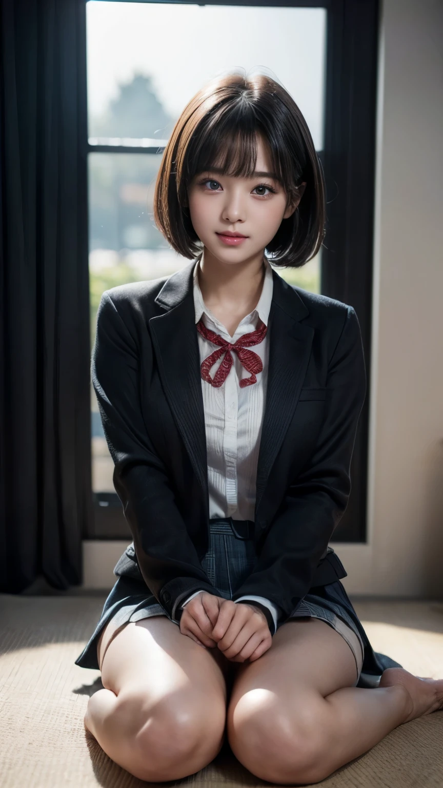 High school girl cute photo beauty healing (masterpiece:1.3), (8k, Realistic, RAW Photos, Best Quality: 1.4), ( 1 girl), Beautiful Face, (Realistic face), ( Black Hair , short hair:1.3), Beautiful Hairstyles That Aren't Coordinated, Realistic eyes, beautiful and nice eyes , (Realistic skin), Beautiful Skin, charm, ultra high resolution , very detailed, Golden Ratio、((Delicate photos)),(の詳細な RAW Photos),(Best Quality:1.6), ( ultra high resolution :1.5), Canon EOS R5 , 50mm, super detailed, cinematic lighting 、 I Can See His Panties、(Blazer school uniform、 check miniskirt、 red ribbon)