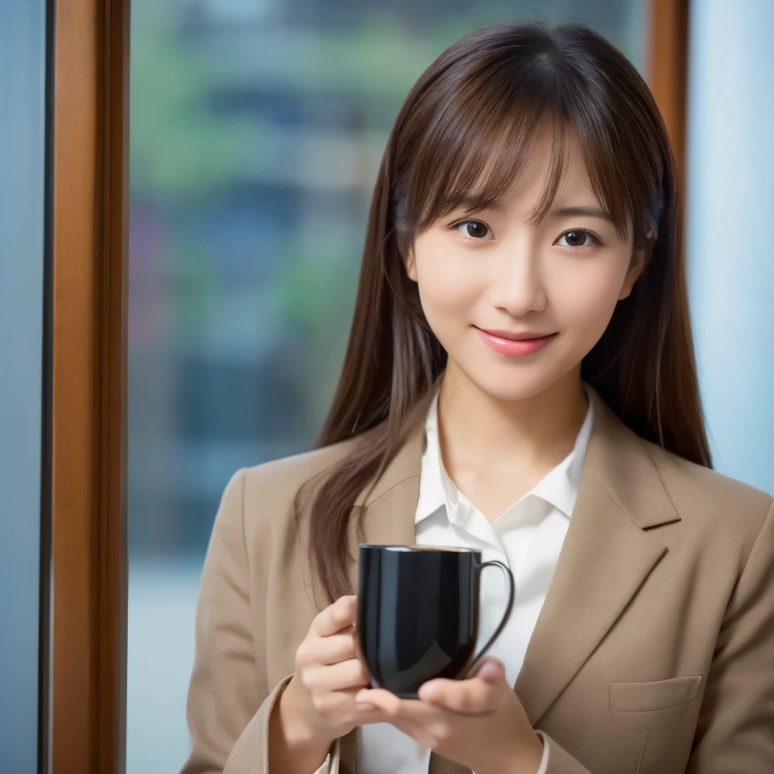 （（masterpiece））， （（  Best Quality ））， （（  high resolution ））， （（ Fine Detail））， indoor, portrait,  A 25-year-old woman holding a coffee cup,  (((( shy smile, Feelings of love , wants to make love to you , Tick your actions,Very active in wanting to make love ,Half body photo,The most professional women's work suit ,)))),  standing by the office window 、  high resolution 、 HD picture 