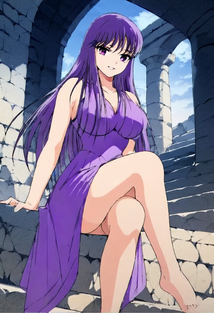  masterpiece , Saori o ,  very short Greek dress, You can see her legs ,  big breasts ,  small waist , CABELLO MORADO, purple eyes, smile, happy face, Sitting with crossed legs,full body, Sitting on a stone staircase
