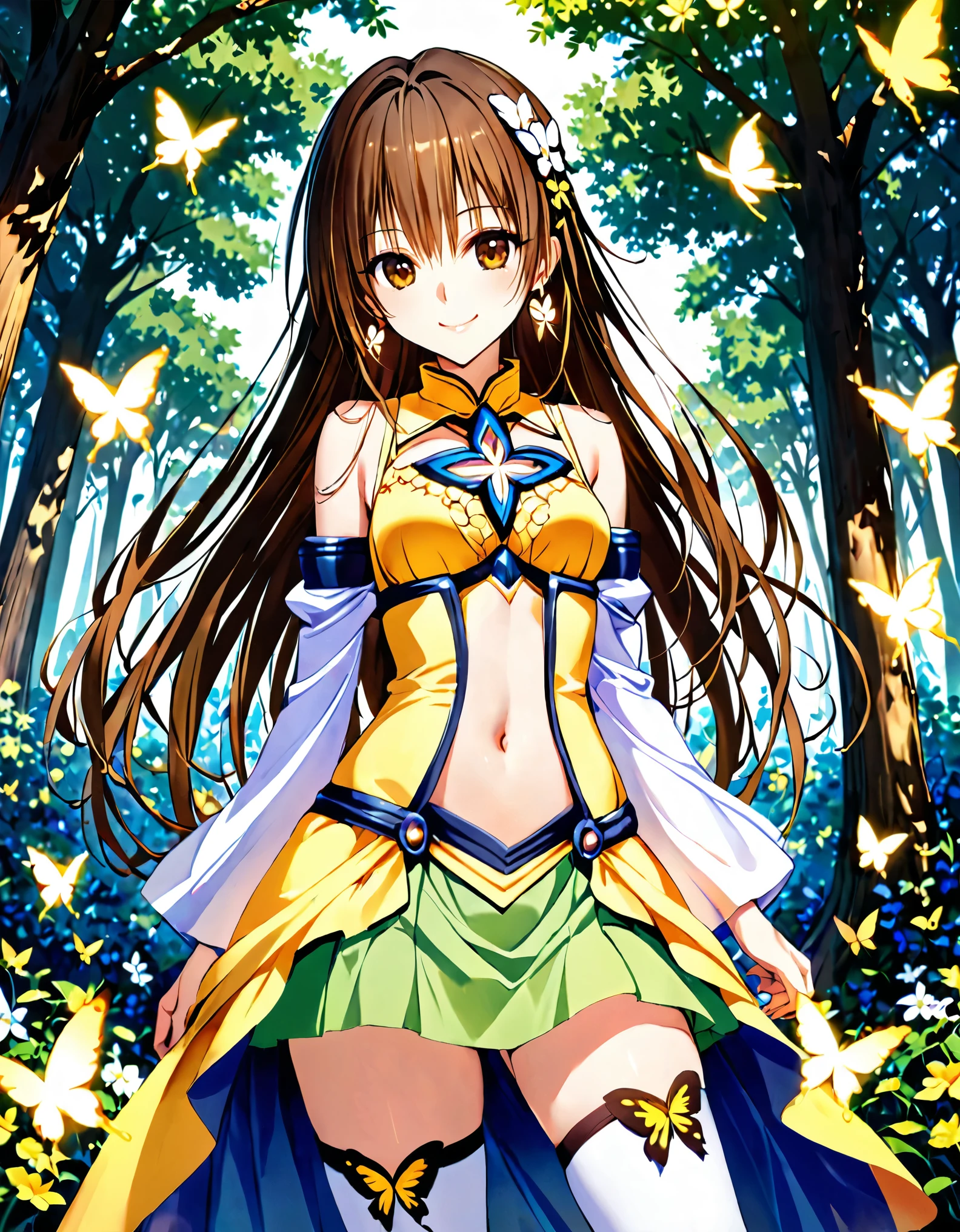 anime butterfly girl with yellow and white outfit with butterflies on her and yellow butterflies that float around her and make the background of this art art hd wallpaper for android, 1girl, solo, navel, smile, midriff, jewelry, brown hair, earrings, long hair, looking at viewer, detached sleeves, bug, skirt, butterfly, brown eyes, outdoors, thighhighs, hair ornament, tree , high-resolution, ultra-detailed 64k CG, best quality,