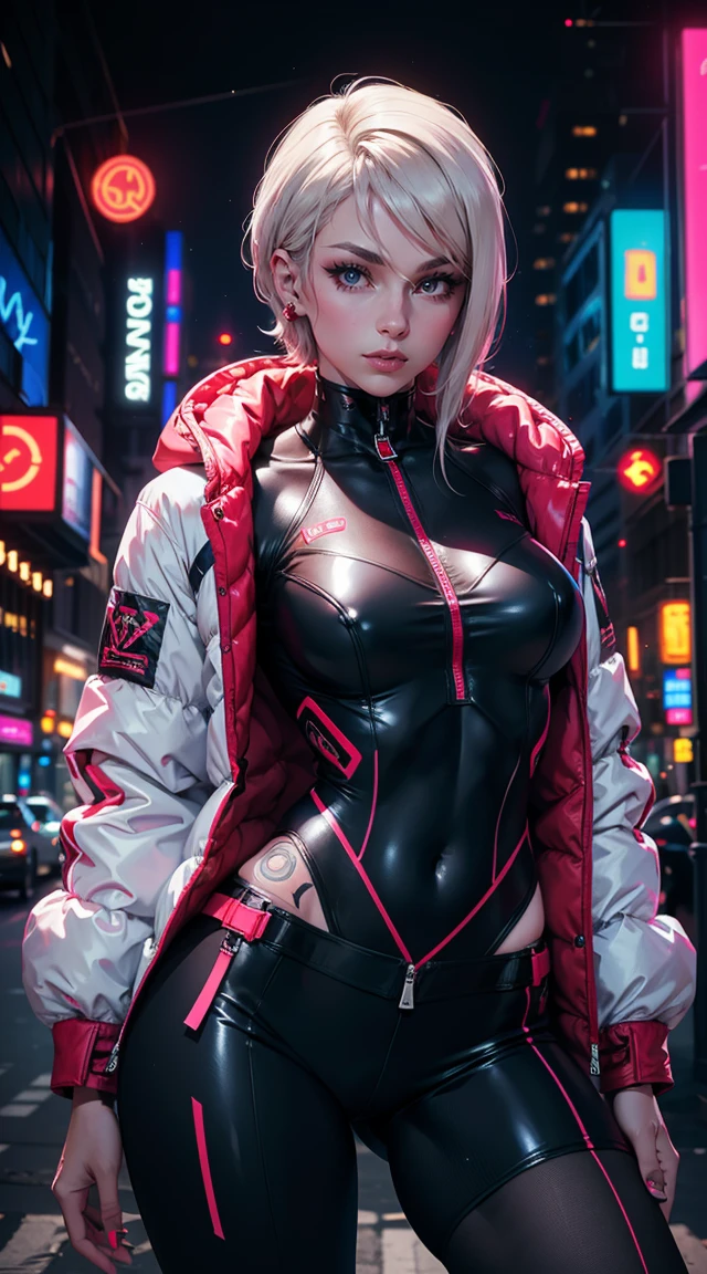 Beautiful woman is shown to have a sexy figure, colorful hair, wearing future red and white cyber city clothes, big red and white colorful puffy jacket, lots of facial piercings, tattoos, neon city, cybernetics, she has red eyes, sexy session, elegant posing, cowboy shot, superior quality, many details, realistic,