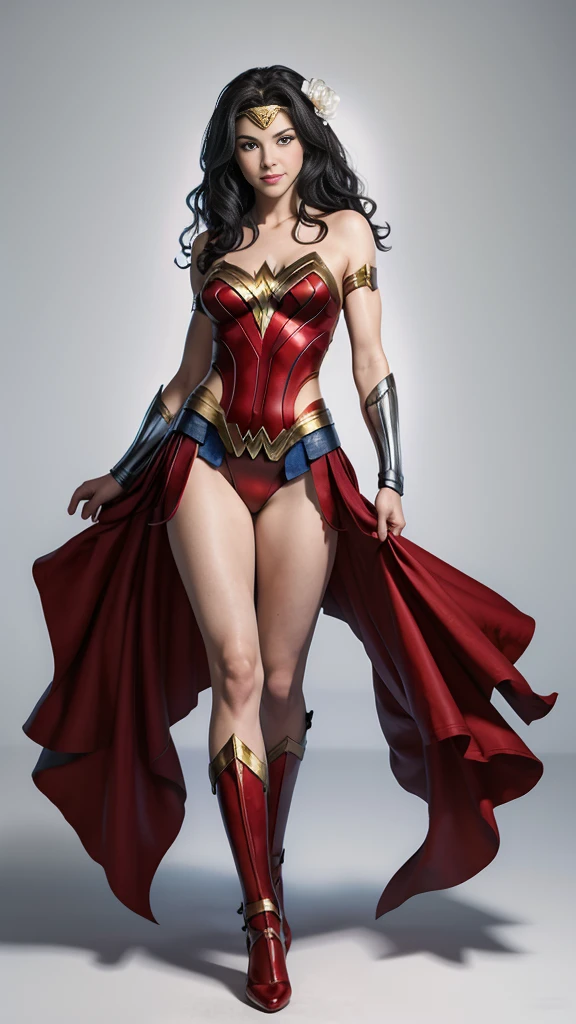 ((full body shot, standing, feet on the ground)) Wonder Woman, masterpiece, best quality, highly detailed, score_9, score_8_up, score_7_up, score_6_up, anime source,BREAK, 1girl, solo, undressed, naked, long hair, blue eyes, flower, hair bow, small breasts, bow, looking at viewer, freckles, parted lips, smile, full body, red lips, lips, leather ballet slipper, side-front, She looks at you, your gauze hurts, fishnets, white background, neutral cast
