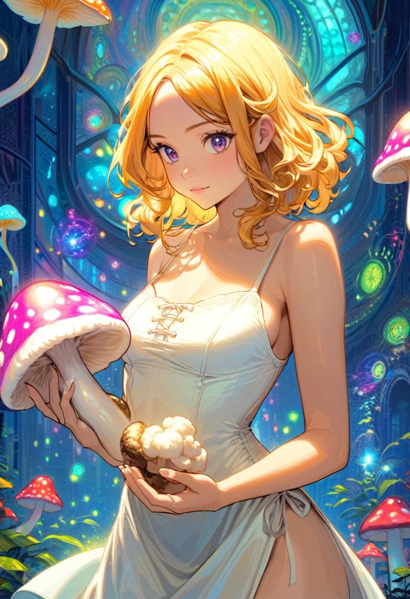 a beautiful naked 20 year old nude blonde woman with big messy hair, holding a glowing mushroom, fantasy art style, cartoon vibrant, alice in wonderland cyberpunk, cute detailed digital art, masterpiece, highly detailed.