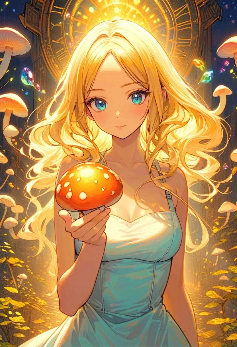 a beautiful naked 20 year old nude blonde woman with big messy hair, holding a glowing mushroom, fantasy art style, cartoon vibrant, alice in wonderland cyberpunk, cute detailed digital art, masterpiece, highly detailed.