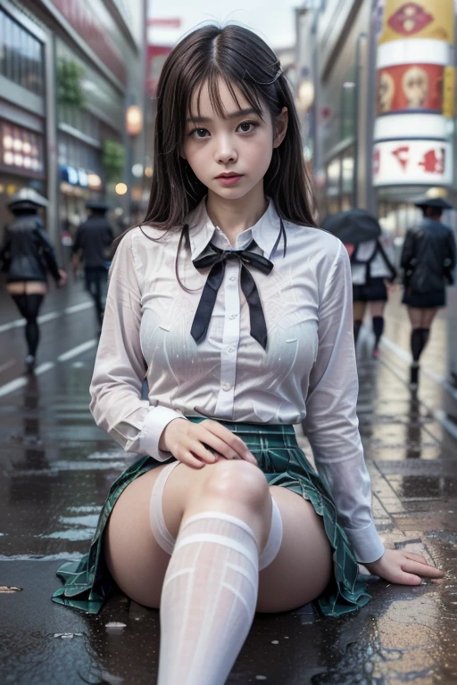 1 Female、(so beautiful)、(Beautiful Face:1.5)、The outline of the pubic area is clear、squat、Spread your legs、(White panties:1.4)、(High School Uniform)、(Dark blue pleated skirt)、(Wear black loafers)、(Shibuya sidewalk at night)、Neon Signs、(At S.F.W.:1.1)