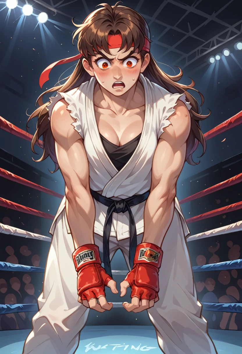 score_9, score_8_up, score_7_up, 1girl, solo, female focus, female body, skinny, Ryustr33tf1ght, black gair, long hair, brown hair, brown eyes, red headband, white dougie, sleeveless, white pants, black belt, red gloves, fingerless gloves, standing, closhing clothes, ((hands on dougie)), ((grabbing dougie)), shocked, blushing, looking down, leaning forward, fighting ring, oversized pants, camera flashes