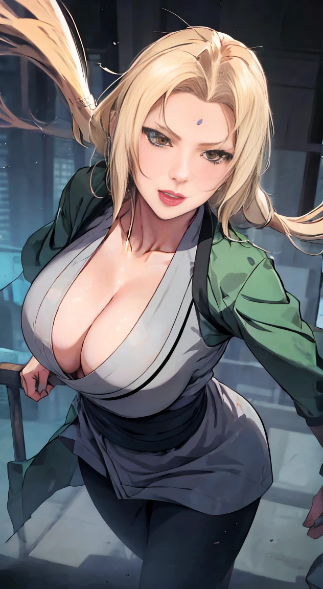 Tsunade Senju blonde with big hair done medium large thick legs big black panties dental floss and black bra inside the sexy bedroom