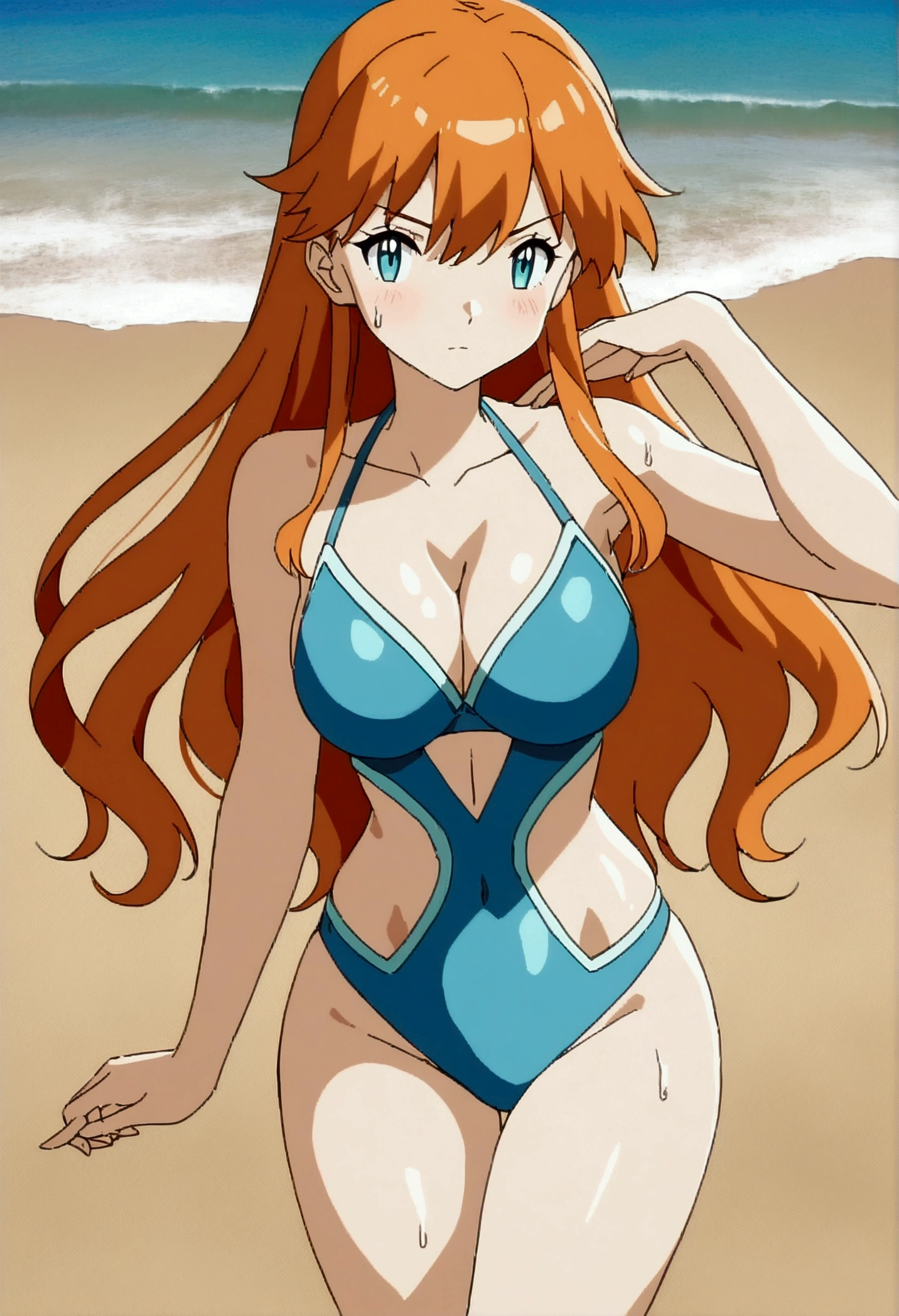 (master piece), (best quality), (8k), (ultra high resolution), (highest quality), (anime style), (best writing), (beautiful face), (masterpiece), (highest quality), (detailed beautiful face and eyes), (textile shading), (total body), (beach), 1girl, 1solo, misty \(pokemon\), orange hair, long hair, aqua eyes, curvy, beautiful girl, blue swimsuit, blue bikini, on beach, wet hair, wet skin, sweat skin, good looking, striking a pose, standing