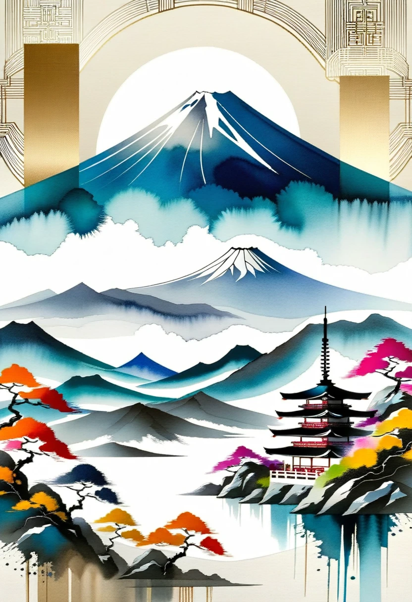 Product packaging design: Geometric abstract ink painting, depicting Japan's Mount Fuji and its surroundings. This style is an artistic expression that combines traditional Chinese ink painting techniques with Western painting concepts, and is characterized by a modern interpretation of traditional themes and the creation of unique visual effects through colors and lines.