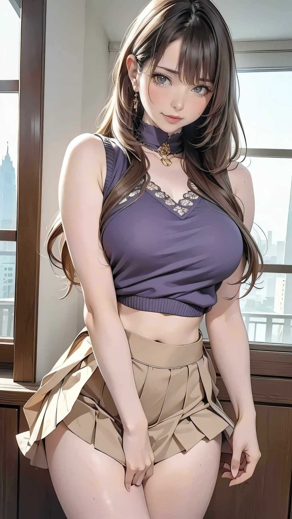 extremely detailed CG unity 8k wallpaper, best quality, ultra-detailed, masterpiece, realistic, photo realistic, extremely detailed cute girl, 25years old, blush, parted lips, dropping eyes, suit, mini skirt, panty shot, looking at viewer , half body shot  , room , shy girl