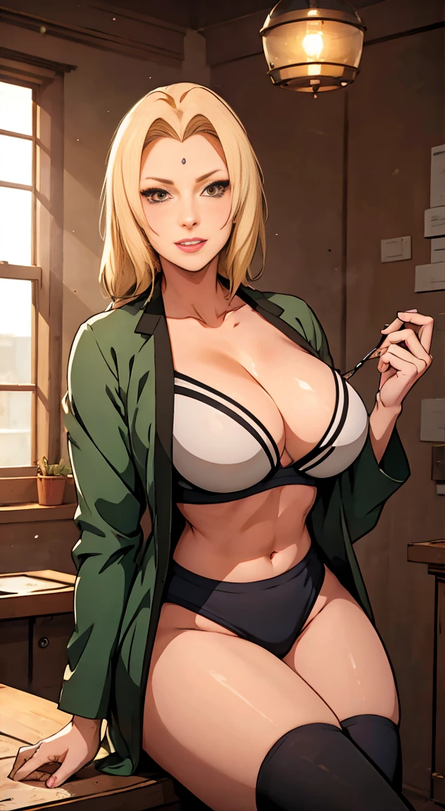 Tsunade Senju blonde with big hair done medium large thick legs big black panties dental floss and black bra inside the sexy bedroom