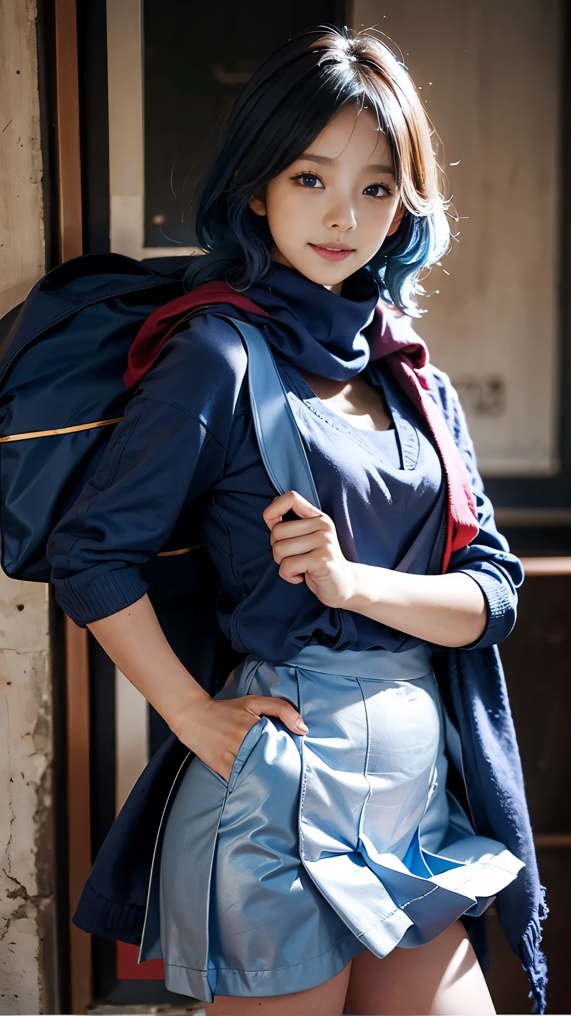 1 girl, wearing a red scarf,,happy grin,Cute skin color,blue eyes,blue hair,curls、semi long hair,Cute pink lips,Wear blue sailor suit、black pleated skirt,Realistic illustration of her face,Finger realistic,Fascinating sketches,Smooth and shiny,Hazy,super blanket style,School background--ar 1:1--Niji 5--Stylistic expression--S 50,No makeup,Super cute without makeup