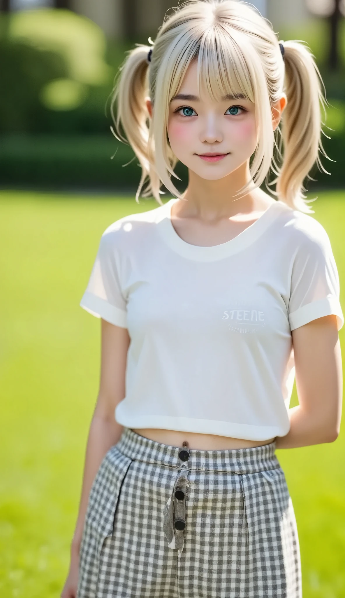 Best Quality、masterpiece、Realistic、 perfect anatomy, one girl playing pranks，Ash Blonde Hair、  very short  ，field、zoom、cute、Grey Eyes、、 twin tails、Glasses、 white t-shirt、(  gingham check culotte skirt:1.37)，belly button，blank， black light 