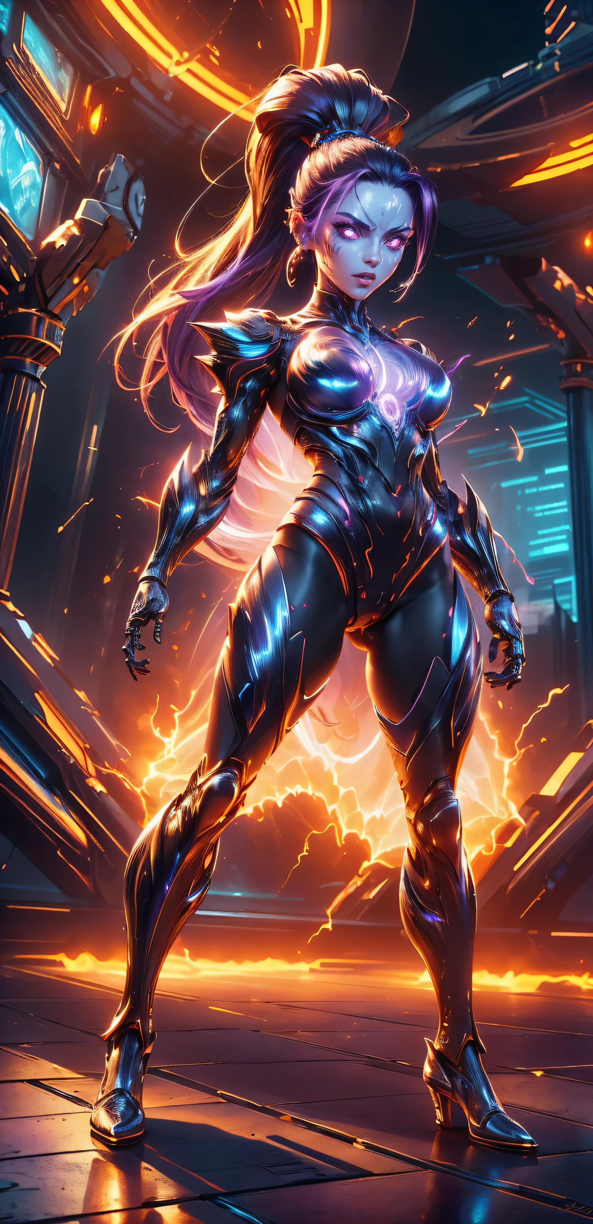 Shattered glass, Full body portrait, Milf, 1girl, evil look, sexi, claws, demoness, demonic armor, see-through panties, high ponytail hair, plasma filiments, flames, red hues, scifi, purple hues, facepaint, bodypaint, red glowing eyes, dynamic combat stance,  dark aura, menacing, psychotic, highly detailed, vibrant appearance, creative behavior, imaginative, sensual, spontaneous, highest quality, skin texture, intricate details, (cinematic lighting), RAW photo, 8k, masterpiece,best quality,ultra-detailed,very detailed illustrations,extremely detailed,intricate details,highres,super complex details,extremely detailed 8k cg wallpaper,