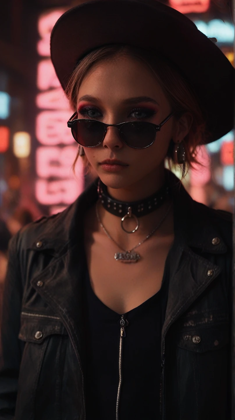 Close-up do rosto, Alternative girl,  looking over black sunglasses, jacket, collar,  neon light reflections on the skin , earring, makeup,  imperfections on the skin ,  short hair, hat, neon light background , low light, depth of field, highly detailed, High contrast, film grain,  edge lighting , Long exposure, dslr