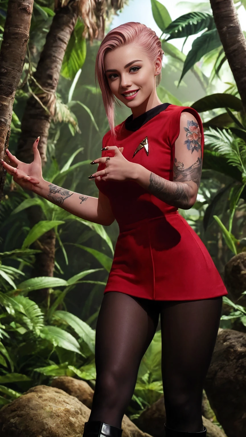 1 woman, pale skin, blonde hair with pink highlights in a side-shaved hairstyle, ((tattooed)) , tattoos, wearing a red startrektos dress, opaque pantyhose, calf-high boots, light smile, running through a jungle planet, detailed face, detailed eyes, detailed lips, (finely detailed hands) , better hands, (best hands:1.37), extremely detailed, photorealistic, hyperrealistic, high resolution, UHD, 8K, 16k, high quality, photorealistic masterpiece, vibrant colors, dramatic lighting, bhands 