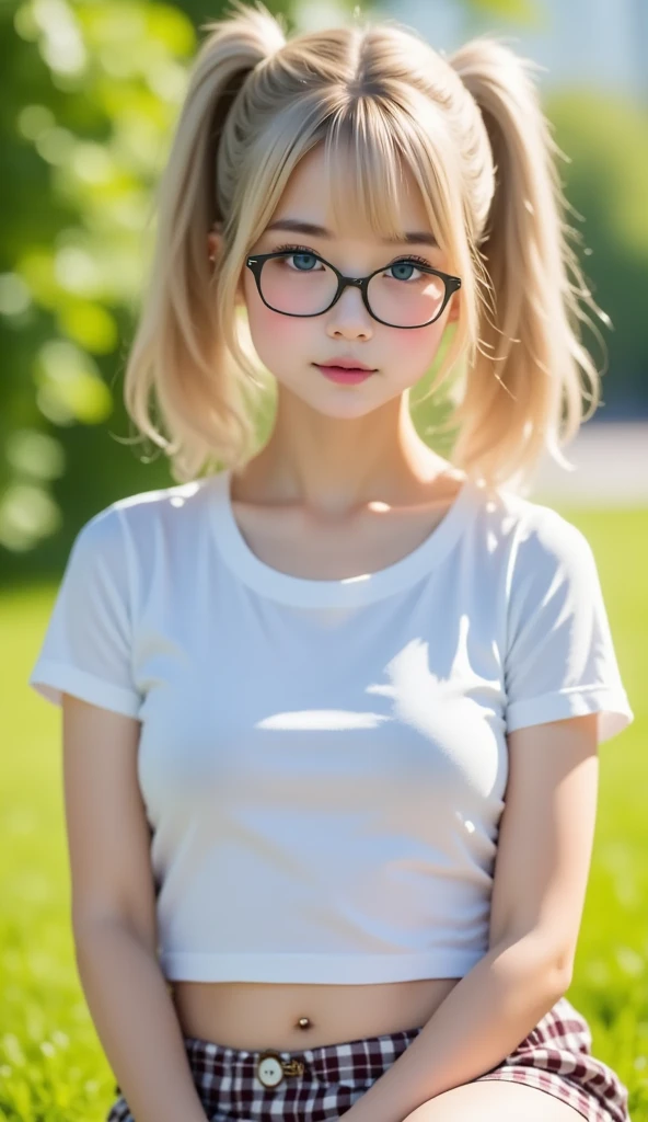 Best Quality、masterpiece、Realistic、 perfect anatomy, one girl playing pranks，Ash Blonde Hair、  very short  ，field、zoom、cute、Grey Eyes、、 twin tails、Glasses、 white t-shirt、(  gingham check culotte skirt:1.37)，belly button，blank， black light 