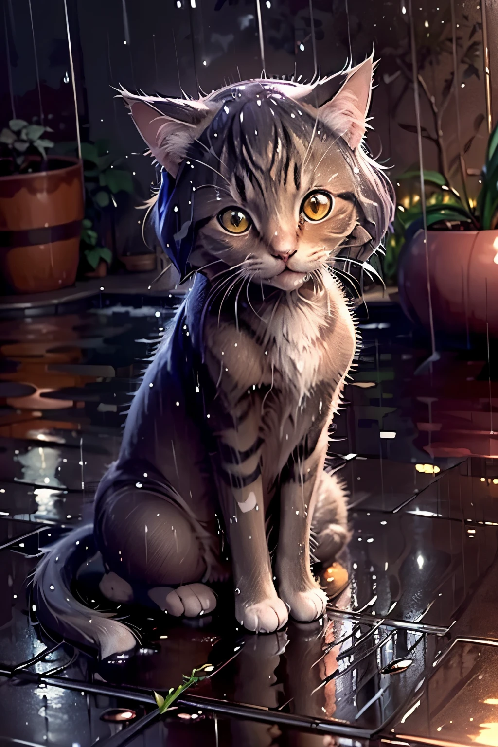 Kawaii cat sitting in the rain (wet cat, kitty cat)